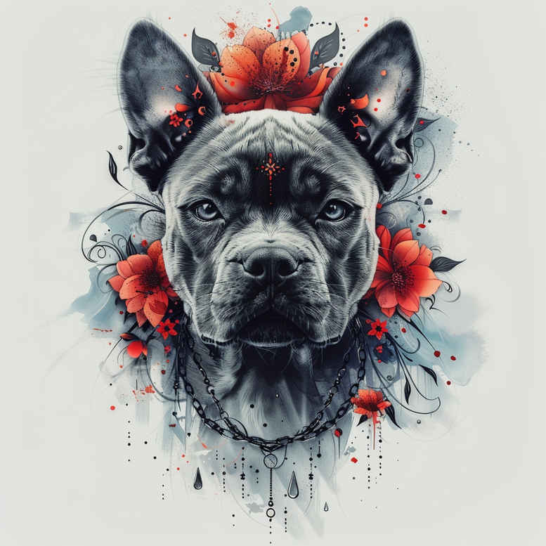 Dog portrait in black and gray with red flowers and blue watercolor accents; tattoo design concept.
