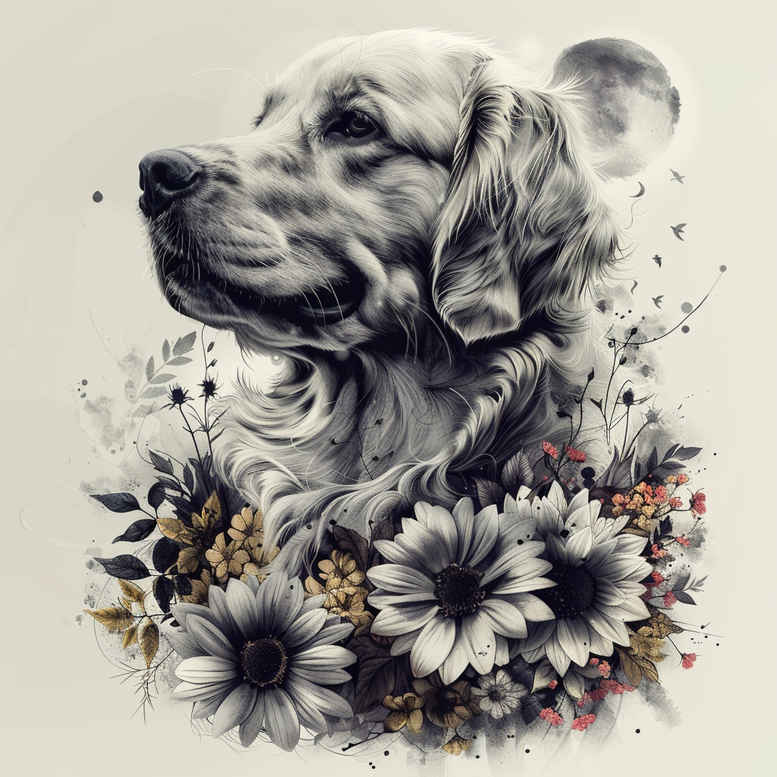 Dog head portrait in black and grey surrounded by flowers; tattoo project idea; suitable for a cover-up.