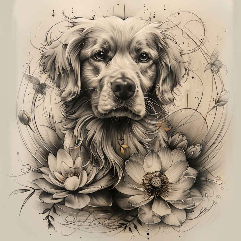 Black and grey tattoo design featuring a realistic dog portrait surrounded by blooming flowers; project idea; not specifically for a cover-up.