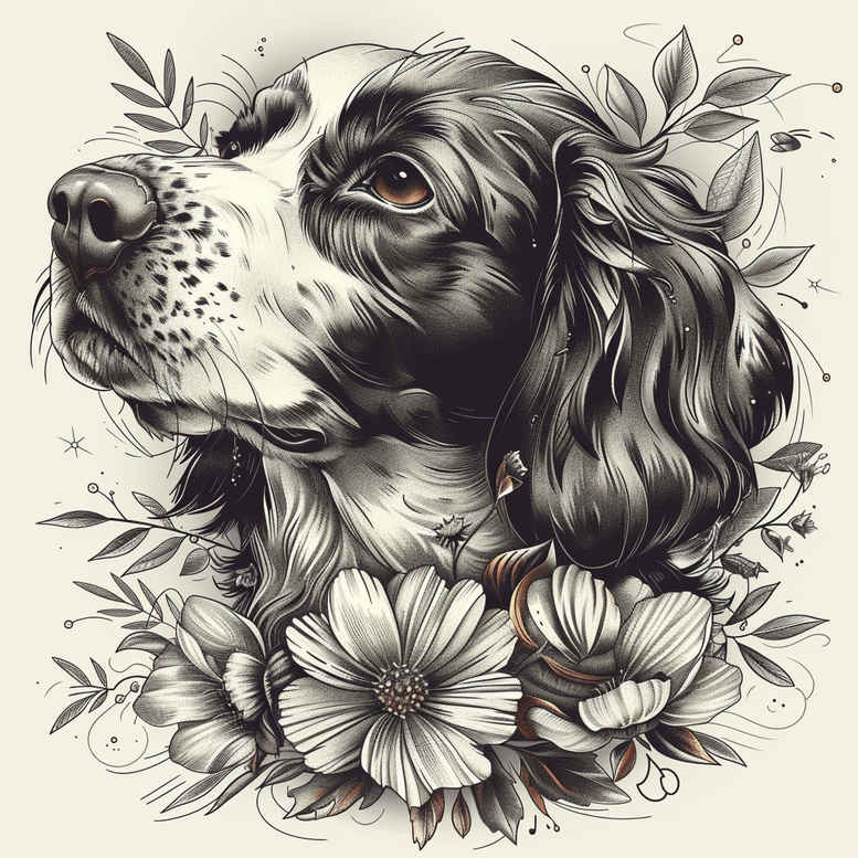 Dog head in black and grey with detailed floral frame; a tattoo design concept.