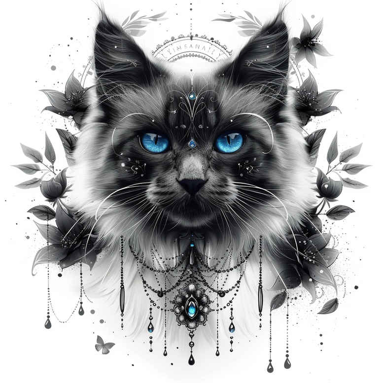 Cat portrait with blue eyes, pendant, beads, flowers, and leaves in black and grey; tattoo design concept for cover-up.