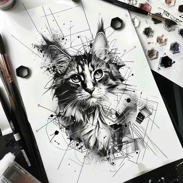 Black and grey cat portrait on paper with geometric, splash pattern lines; visible brush and pen tools and crystals; AI-generated tattoo project.