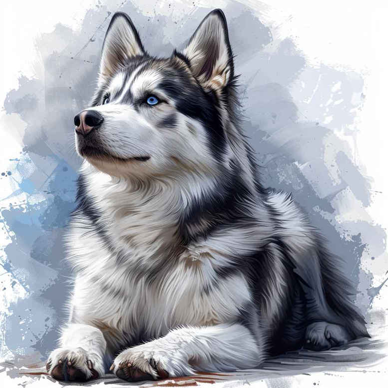Husky dog in watercolor style with blue eyes and grey-white fur; tattoo design idea, project concept, suitable for cover-up.