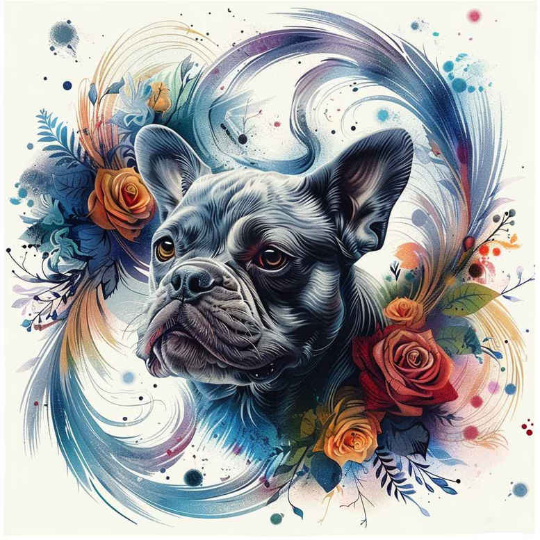 French bulldog head in blue-gray tones with orange and red roses and blue watercolor swirls; AI-generated tattoo project idea, not ideal for cover-up.