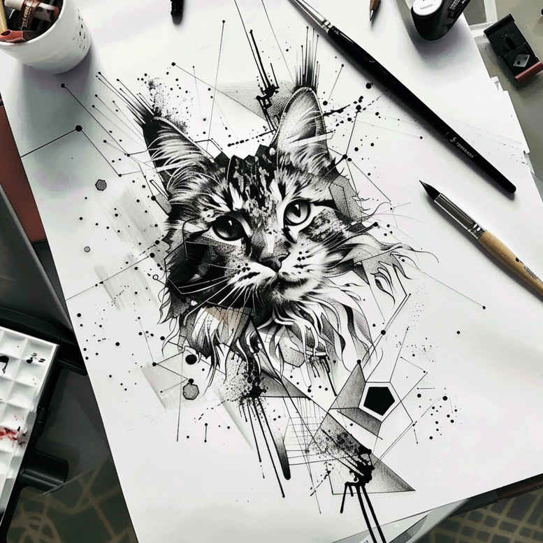Cat head in black ink on white paper; project idea for a fine-line tattoo design with splash pattern, suitable for cover-up.