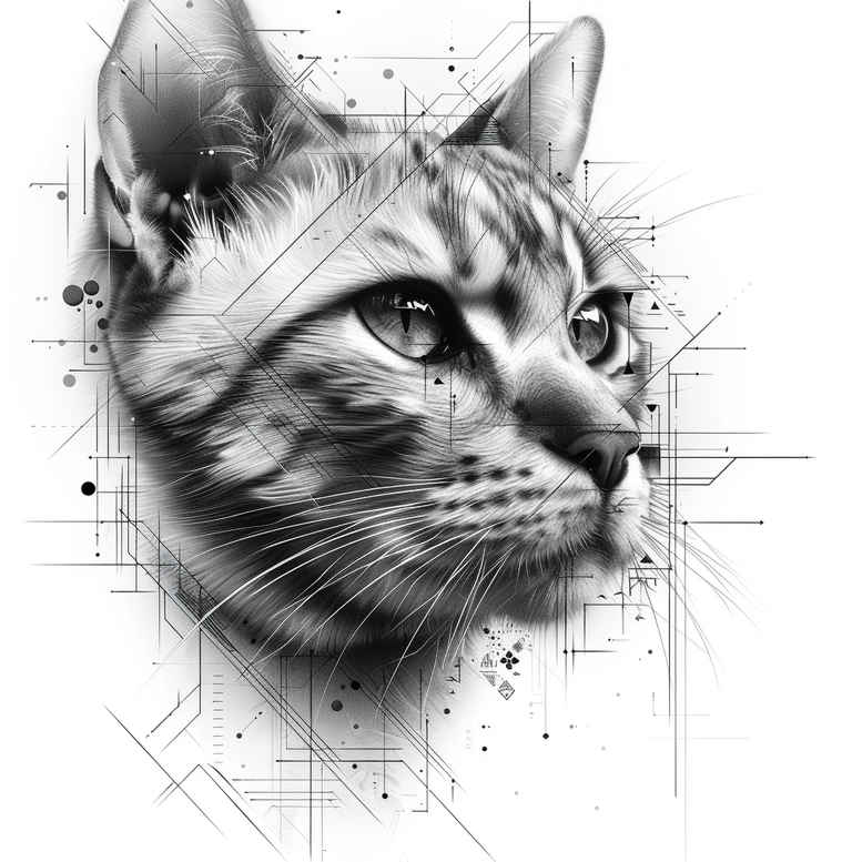 Cat head portrait in black and grey with geometric blueprint lines; AI-generated tattoo design concept; project; cover-up: not ideal.