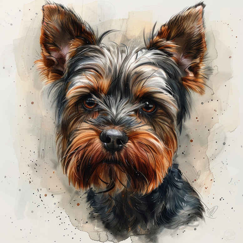 Dog portrait in black, gray and tan watercolor style; AI-generated tattoo project; suitable for cover-up.