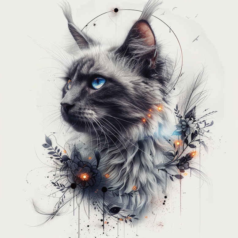 Cat with blue eye in watercolor style, orange accents; color tattoo design idea, suitable for cover-up.