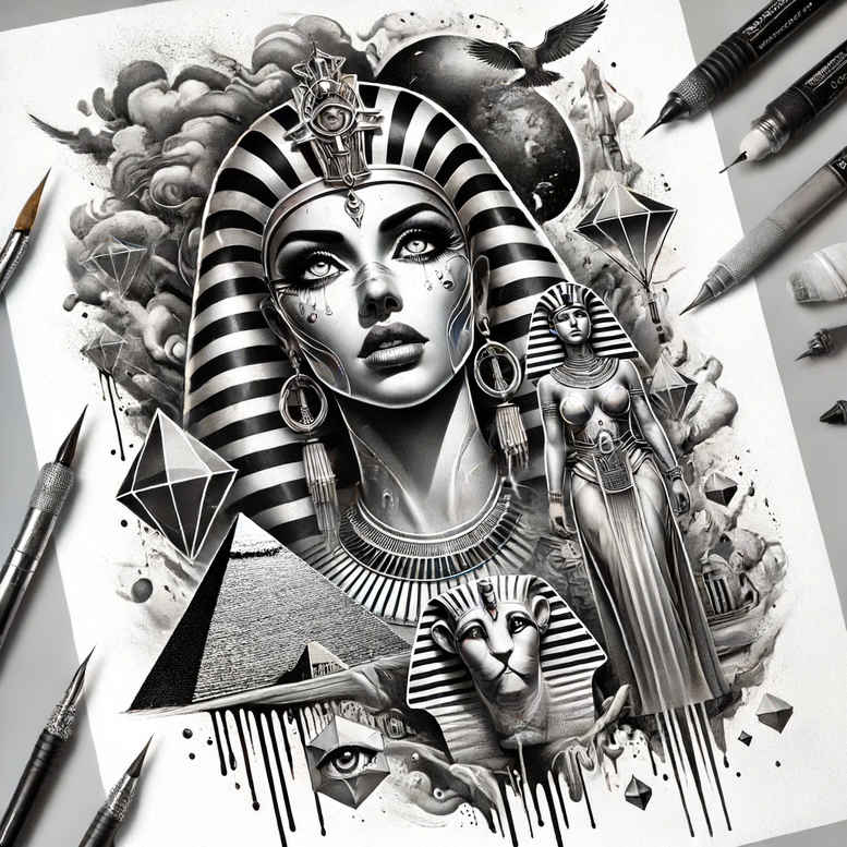 pharaoh-with-crown – tattoo design ideas free ai generated – realism-rich-blacks – for-ankle – Gallery: pharaoh-inkby-ai