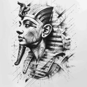 pharaoh-with-decorations – tattoo design ideas free ai generated – neotraditional-bold-motifs – for-upper-thigh – Gallery: pharaoh-inkby-ai