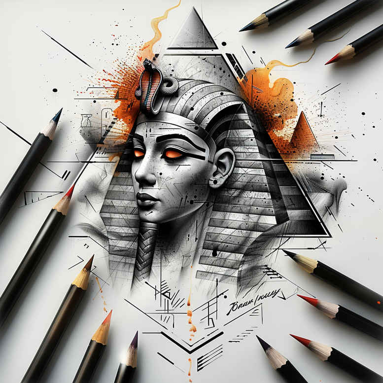 pharaoh-with-decorations – tattoo design ideas free ai generated – surrealism-fantastical-elements – for-lower-leg – Gallery: pharaoh-inkby-ai