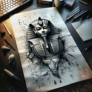 pharaoh-with-geometric-patterns – tattoo design ideas free ai generated – surrealism-phantasmagoria – for-inner-arm – Gallery: pharaoh-inkby-ai