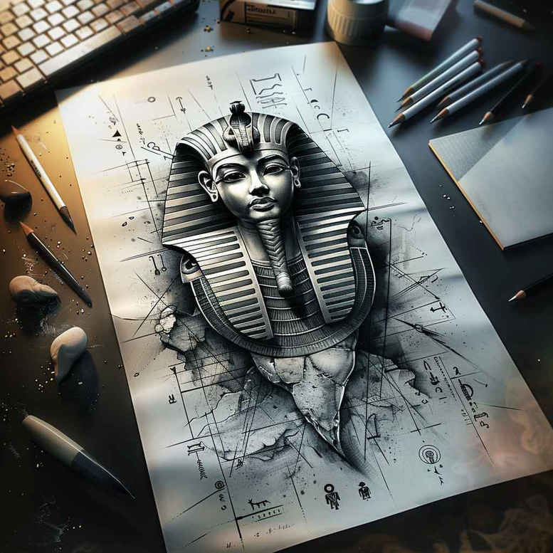 pharaoh-with-geometric-patterns – tattoo design ideas free ai generated – surrealism-phantasmagoria – for-inner-arm – Gallery: pharaoh-inkby-ai