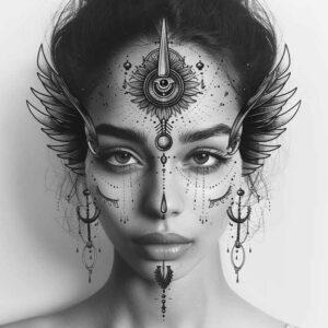 pharaoh-with-goddess-isis – tattoo design ideas free ai generated – realism-illusion-of-depth – for-upper-thigh – Gallery: pharaoh-inkby-ai