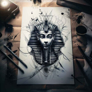 pharaoh-with-hieroglyphic-patterns – tattoo design ideas free ai generated – neotraditional-classic-motifs – for-upper-chest – Gallery: pharaoh-inkby-ai