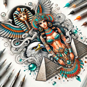 pharaoh-with-hieroglyphic-patterns – tattoo design ideas free ai generated – realism-contour-shading – for-abdomen – Gallery: pharaoh-inkby-ai