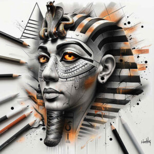 pharaoh-with-hieroglyphic-patterns – tattoo design ideas free ai generated – realism-highlighted-contrast – for-lower-thigh – Gallery: pharaoh-inkby-ai