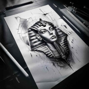 pharaoh-with-life-and-death-symbol – tattoo design ideas free ai generated – neotraditional-artistic-shading – for-toe – Gallery: pharaoh-inkby-ai
