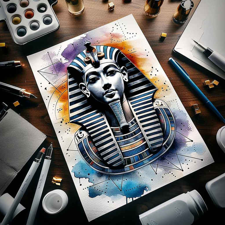 pharaoh-with-magical-symbols – tattoo design ideas free ai generated – neotraditional-classic-composition – for-elbow – Gallery: pharaoh-inkby-ai