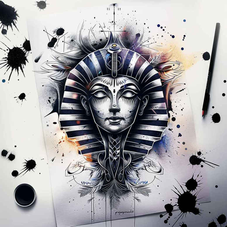 pharaoh-with-mask – tattoo design ideas free ai generated – realism-surface-complexity – for-back – Gallery: pharaoh-inkby-ai