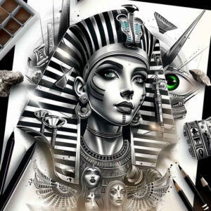 pharaoh-with-ornamental-details – tattoo design ideas free ai generated – realism-glowing-edges – for-arm – Gallery: pharaoh-inkby-ai