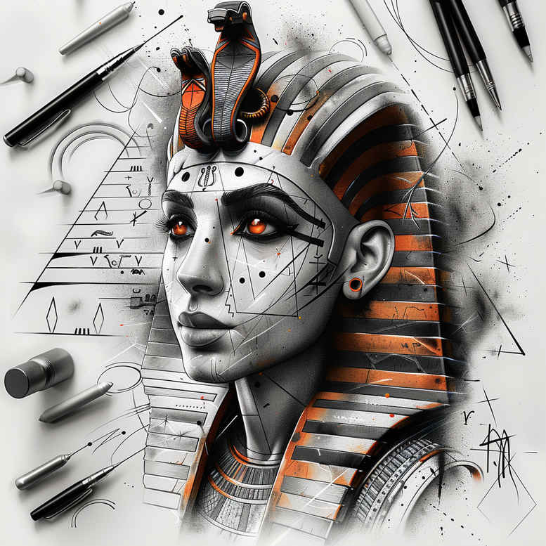 pharaoh-with-ornamental-details – tattoo design ideas free ai generated – realism-realistic-wrinkles – for-stomach – Gallery: pharaoh-inkby-ai
