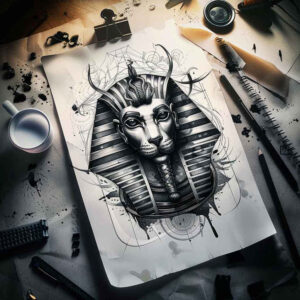 pharaoh-with-plant-ornament – tattoo design ideas free ai generated – realism-photo-accuracy – for-temple – Gallery: pharaoh-inkby-ai
