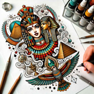pharaoh-with-power-symbol – tattoo design ideas free ai generated – neotraditional-soft-blending – for-upper-back – Gallery: pharaoh-inkby-ai