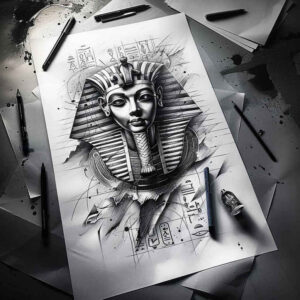 pharaoh-with-power-symbol – tattoo design ideas free ai generated – surrealism-phantasm – for-full-back – Gallery: pharaoh-inkby-ai