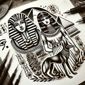 pharaoh-with-pyramid – tattoo design ideas free ai generated – realism-precise-gradient – for-foot – Gallery: pharaoh-inkby-ai
