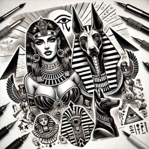 pharaoh-with-pyramid – tattoo design ideas free ai generated – realism-realistic-gleam – for-lower-back – Gallery: pharaoh-inkby-ai