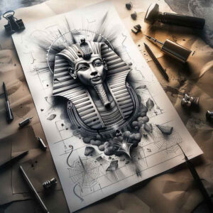 pharaoh-with-pyramid – tattoo design ideas free ai generated – surrealism-imperfect-symmetry – for-inner-arm – Gallery: pharaoh-inkby-ai