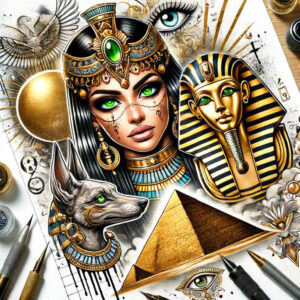 pharaoh-with-scepter – tattoo design ideas free ai generated – realism-tactile-shading – for-temple – Gallery: pharaoh-inkby-ai