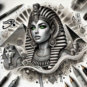 pharaoh-with-symbol – tattoo design ideas free ai generated – surrealism-disorienting – for-abdomen – Gallery: pharaoh-inkby-ai