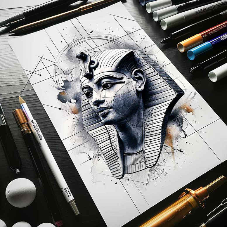 pharaoh tattoo design ideas Surrealism chromatic aberration detailed ornaments for nape