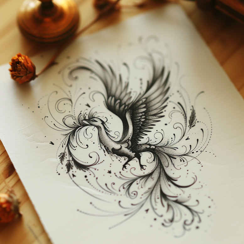 flying-phoenix – tattoo design ideas free ai generated – neotraditional-refined-lines – for-thigh – Gallery: phoenix-inkby-ai