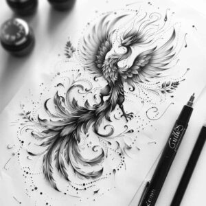 phoenix – tattoo design ideas free ai generated – surrealism-fantastical – for-inner-arm – Gallery: phoenix-inkby-ai