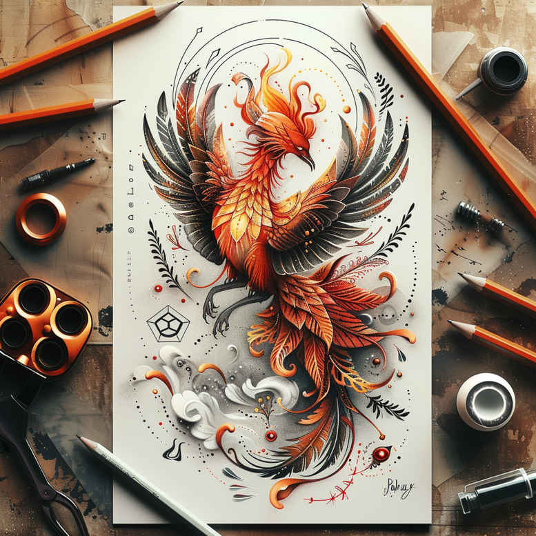 phoenix-natural-look – tattoo design ideas free ai generated – realism-subtle-gradients – for-upper-arm – Gallery: phoenix-inkby-ai