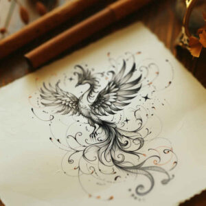phoenix-symbol-of-rebirth – tattoo design ideas free ai generated – realism-minimal-grain – for-back-of-neck – Gallery: phoenix-inkby-ai