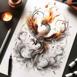 phoenix-symbol-of-strength – tattoo design ideas free ai generated – surrealism-fragmentation – for-lower-chest – Gallery: phoenix-inkby-ai