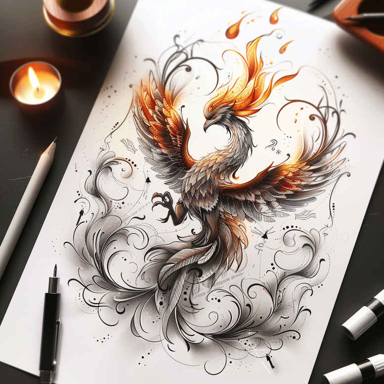 phoenix-symbol-of-strength – tattoo design ideas free ai generated – surrealism-fragmentation – for-lower-chest – Gallery: phoenix-inkby-ai