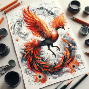 phoenix-symbol-of-transformation – tattoo design ideas free ai generated – neotraditional-layered-color – for-knee – Gallery: phoenix-inkby-ai