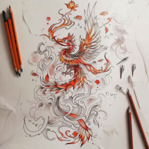 phoenix-tattoo – tattoo design ideas free ai generated – neotraditional-artistic-contrast – for-lower-thigh – Gallery: phoenix-inkby-ai