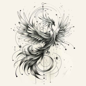 phoenix-with-abstract-pattern – tattoo design ideas free ai generated – surrealism-melted-shapes – for-scapula – Gallery: phoenix-inkby-ai