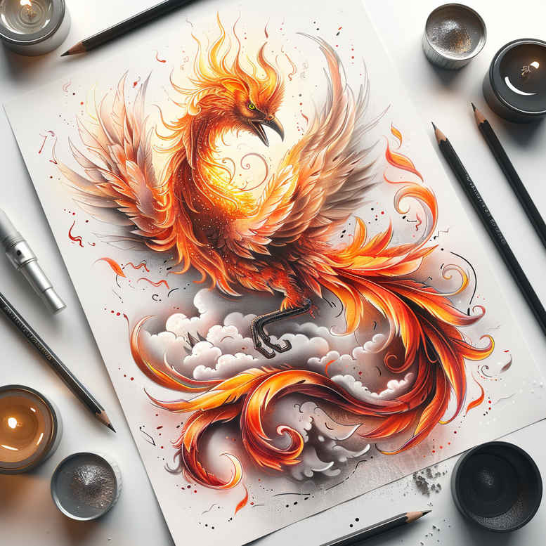 phoenix-with-ashes – tattoo design ideas free ai generated – realism-tonal-depth – for-back-shoulder – Gallery: phoenix-inkby-ai