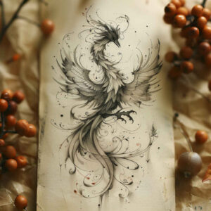 phoenix-with-ashes – tattoo design ideas free ai generated – surrealism-shimmering-forms – for-forearm – Gallery: phoenix-inkby-ai
