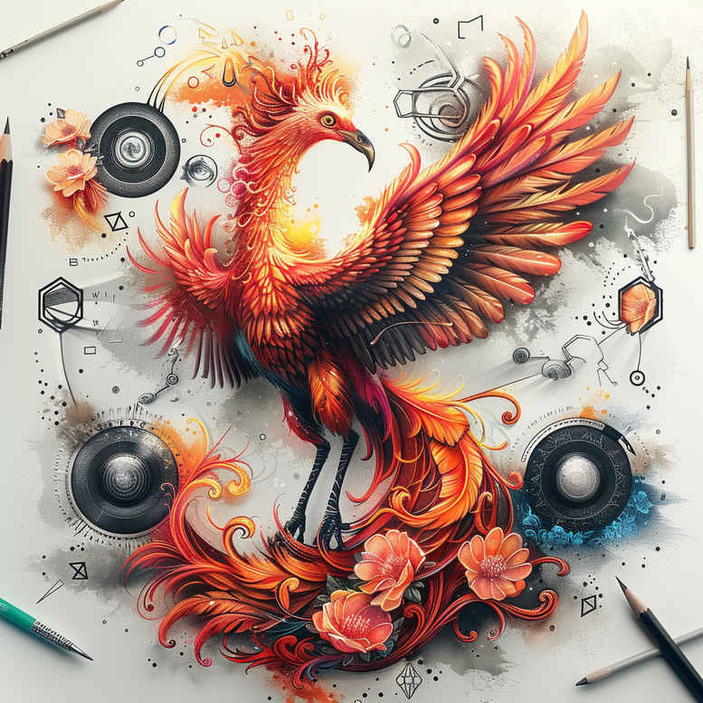 phoenix-with-colorful-feathers – tattoo design ideas free ai generated – neotraditional-rich-shading – for-temple – Gallery: phoenix-inkby-ai