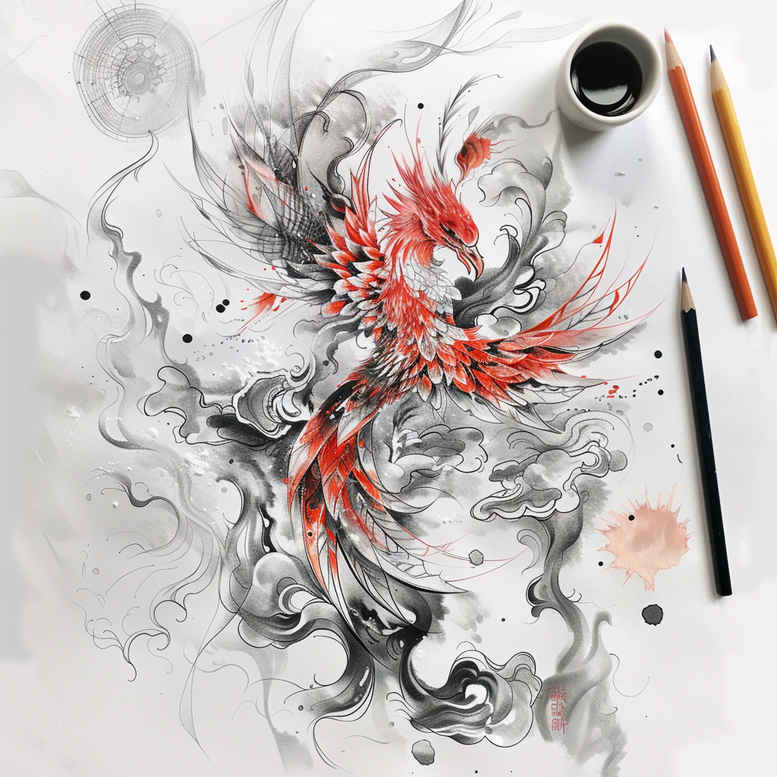phoenix-with-fire-motif – tattoo design ideas free ai generated – surrealism-hallucinatory – for-toe – Gallery: phoenix-inkby-ai