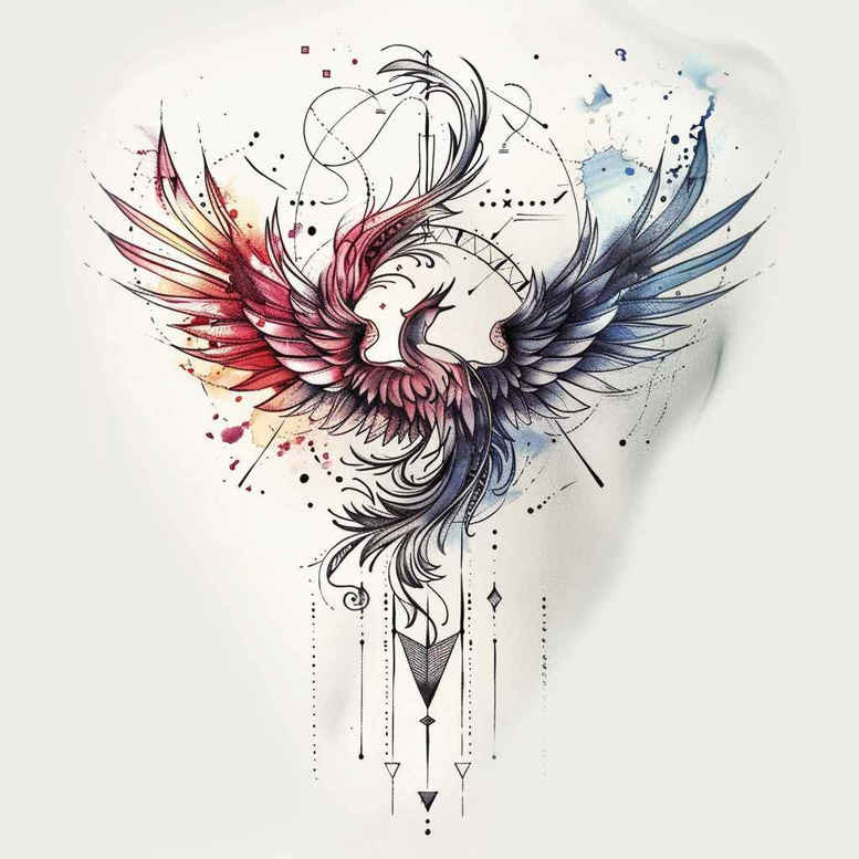 phoenix-with-flames – tattoo design ideas free ai generated – surrealism-imperfect-symmetry – for-sternum – Gallery: phoenix-inkby-ai