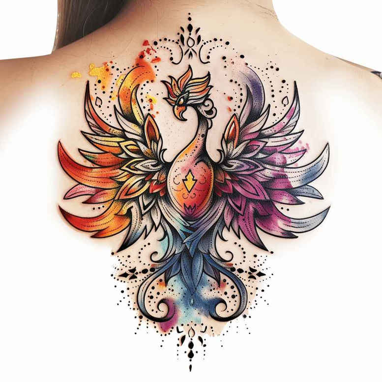 phoenix-with-flowing-lines – tattoo design ideas free ai generated – neotraditional-refined-detail – for-upper-thigh – Gallery: phoenix-inkby-ai